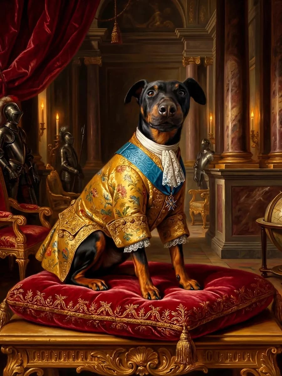 Dobermann im goldenen Brokatrock mit blauer Ordensschärpe auf rotem Samtkissen — Barock-Tierportrait nach Foto