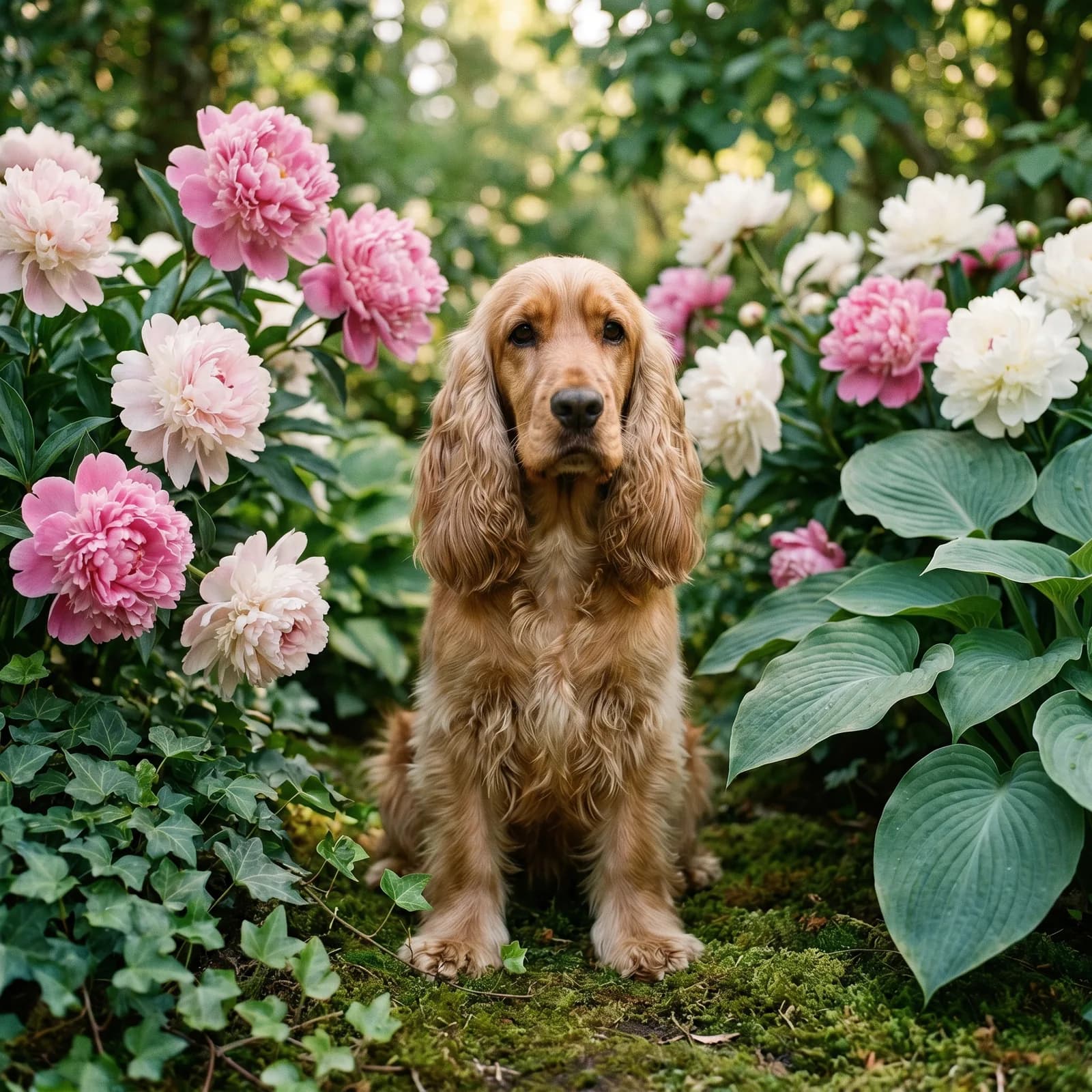 Cocker Spaniel zwischen rosa und weißen Pfingstrosen — botanisches Hundeportrait nach Foto