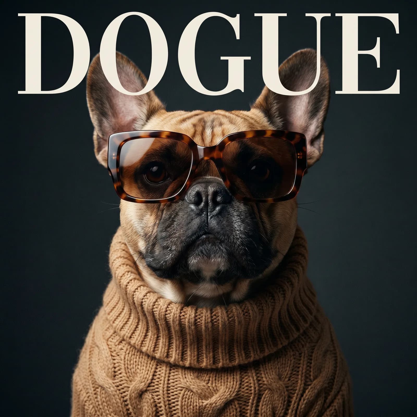 Französische Bulldogge mit Sonnenbrille und Rollkragen auf dem DOGUE-Cover — Hundeportrait nach Foto