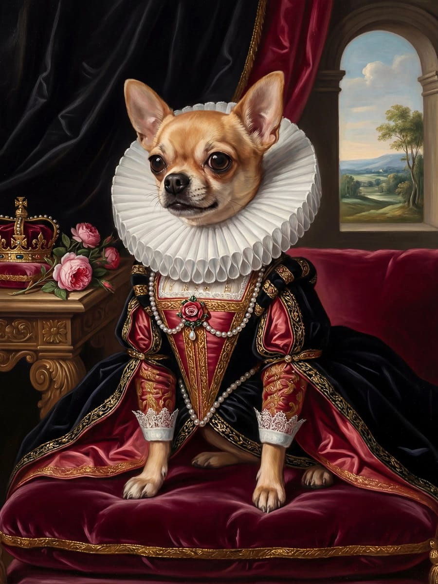 KI-generiertes königliches Ölgemälde eines Chihuahuas im elisabethanischen Stil