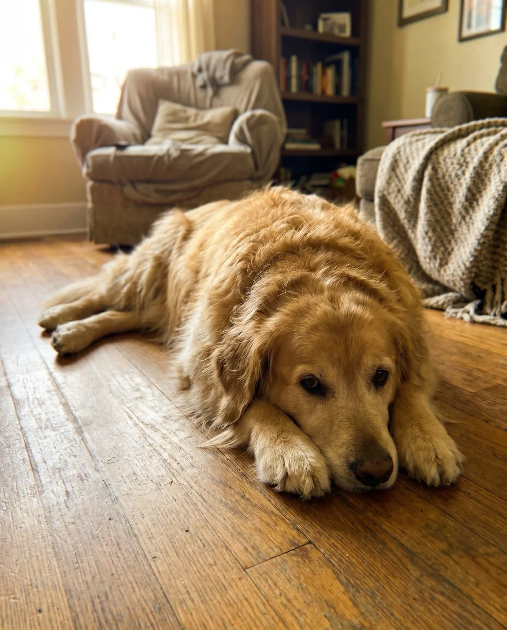 Originalfoto von Buddy: Golden Retriever liegt auf dem Wohnzimmerboden