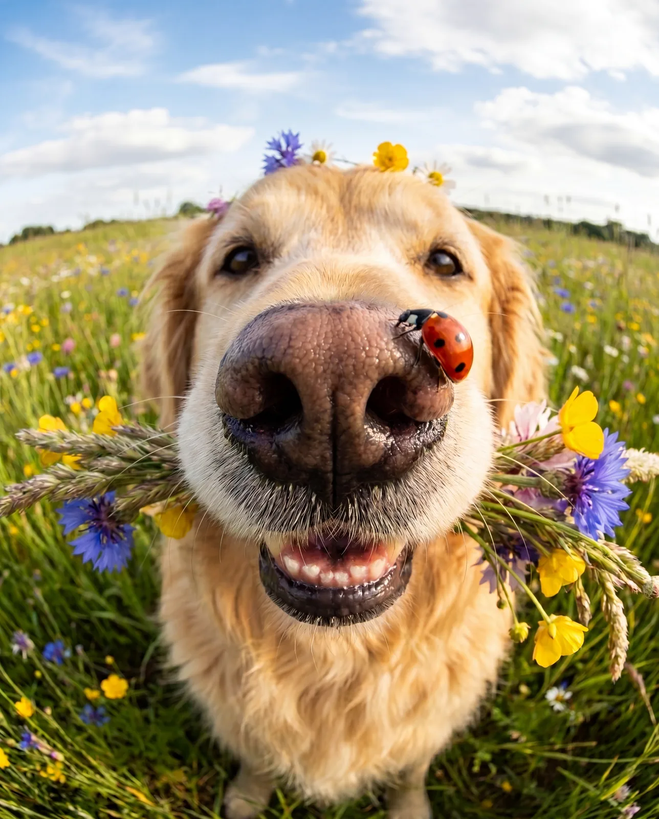 Golden Retriever als Weitwinkel-Makro in der Sommerwiese — lustiges Hundeportrait nach Foto