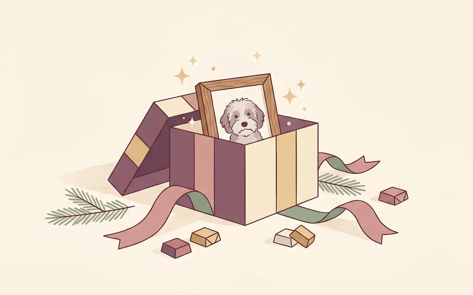 Editorial-Illustration: geöffnete Geschenkbox mit einem kleinen Hundeportrait darin, Schleife und Tannenzweige — Sinnbild für Tierportrait als Geschenkidee.