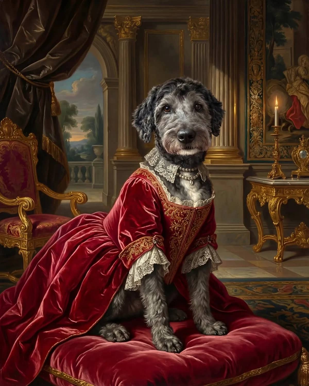 Barockes Hofportrait von Labradoodle Paula auf rotem Samtkissen