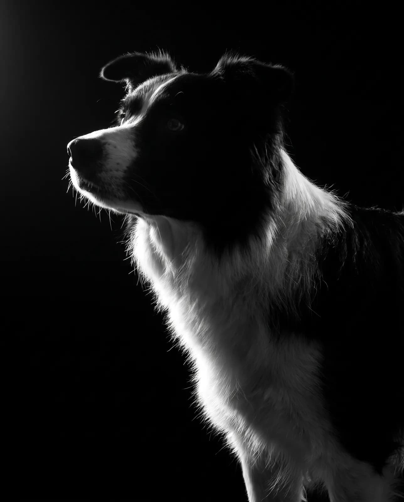 Hund im Profil mit Konturlicht vor schwarzem Hintergrund — Studio-Tierportrait nach Foto