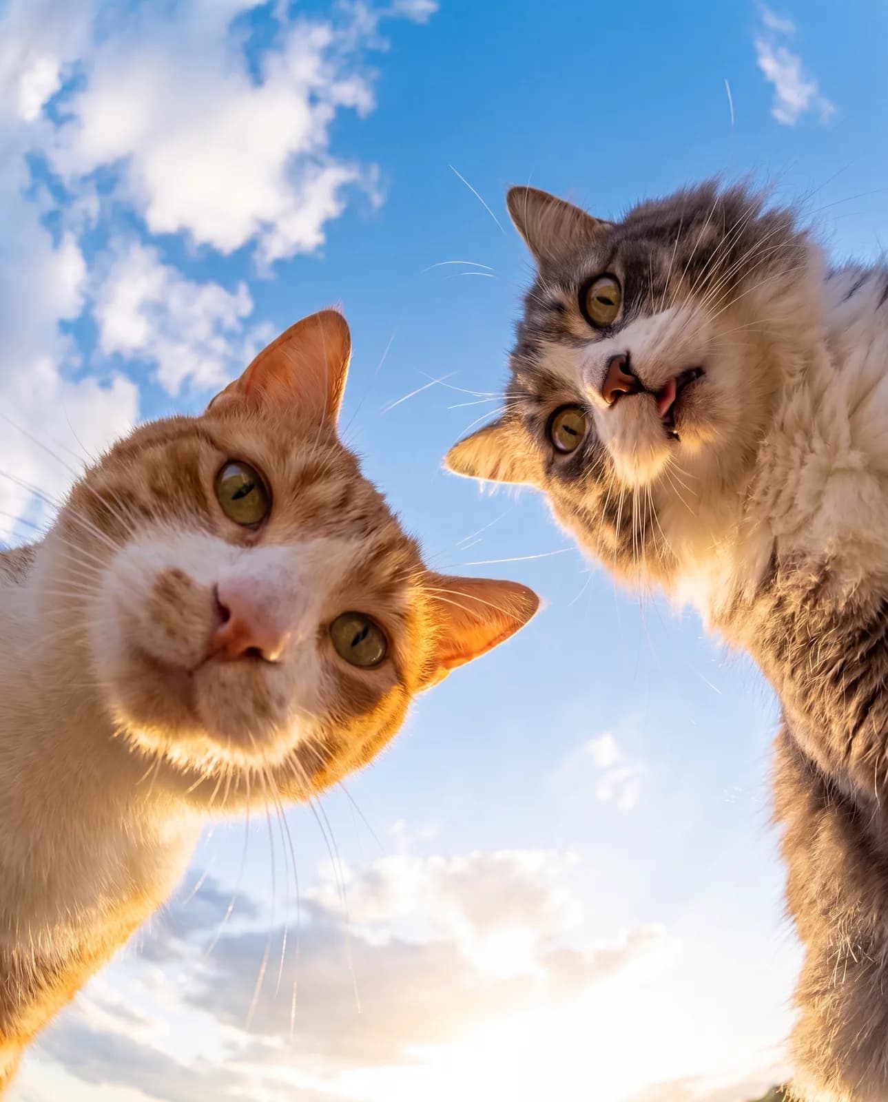 Zwei Katzen im Weitwinkel-Selfie vor dem Himmel — Katzenportrait nach Foto